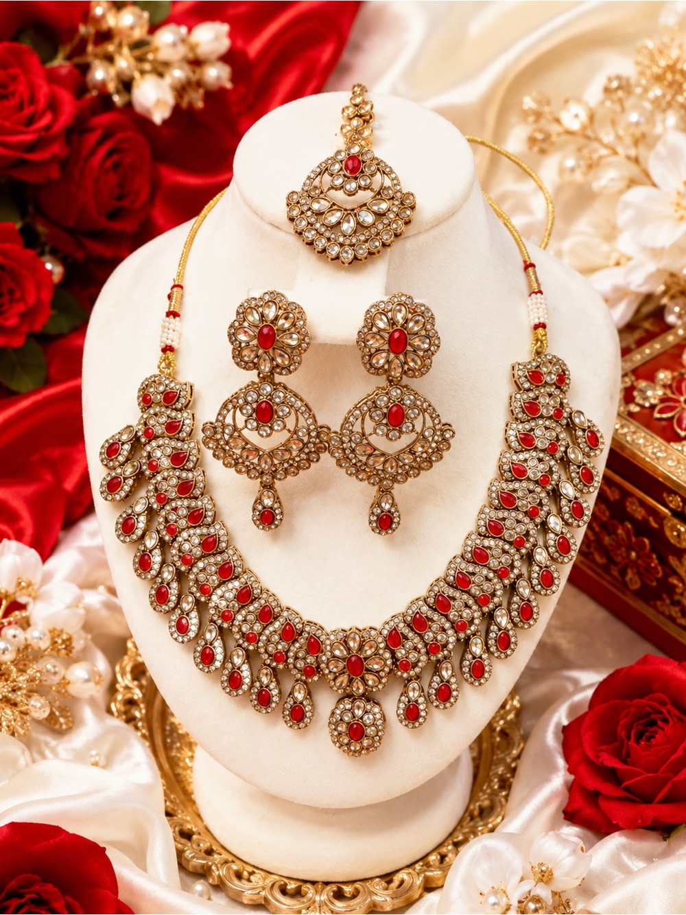 Gold and Red Traditional Bridal Necklace Set